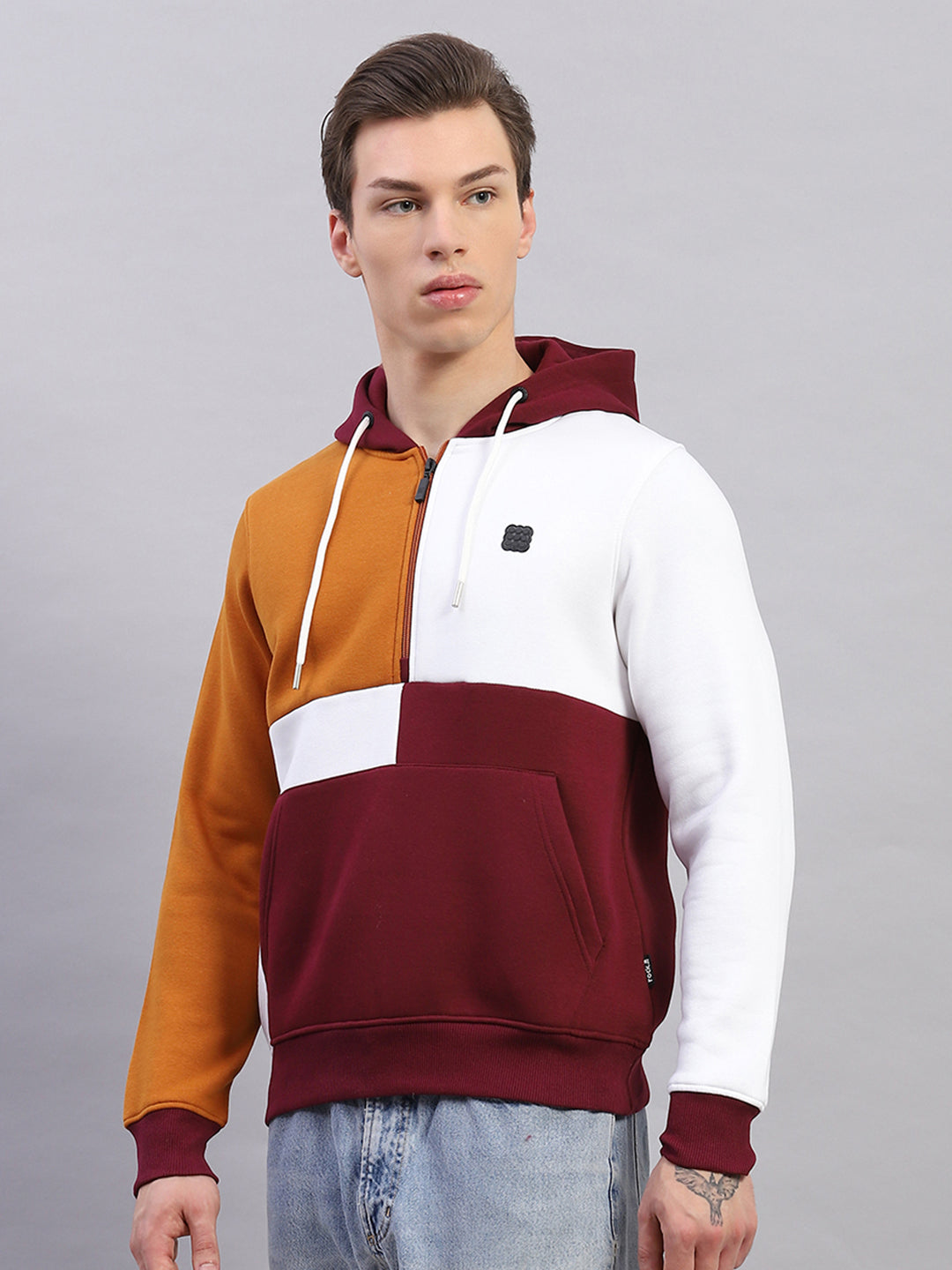 Rock.it Men Maroon Colourblocked Hooded Full Sleeve Sweatshirt