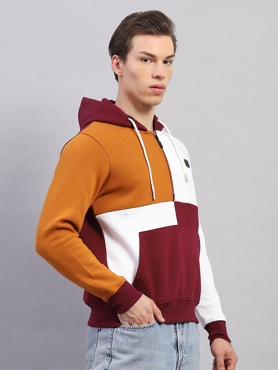 Rock.it Men Maroon Colourblocked Hooded Full Sleeve Sweatshirt