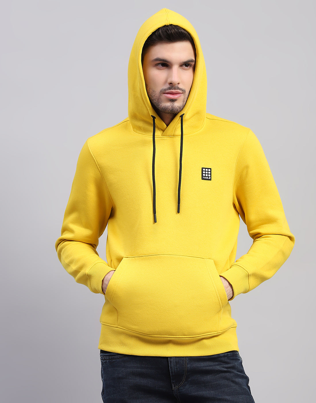 Rock.it Men Yellow Solid Hooded Full Sleeve Sweatshirt
