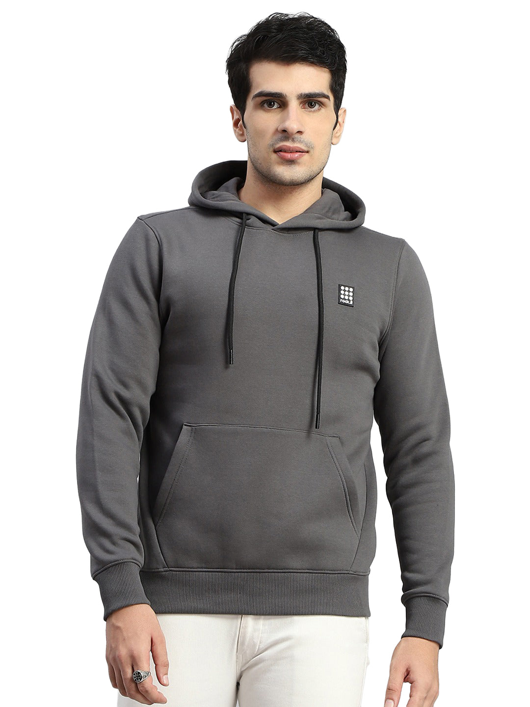 Rock.it Men Grey Solid Hooded Full Sleeve Sweatshirt