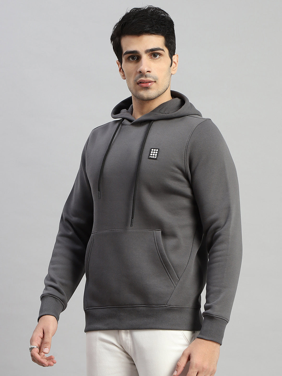 Rock.it Men Grey Solid Hooded Full Sleeve Sweatshirt