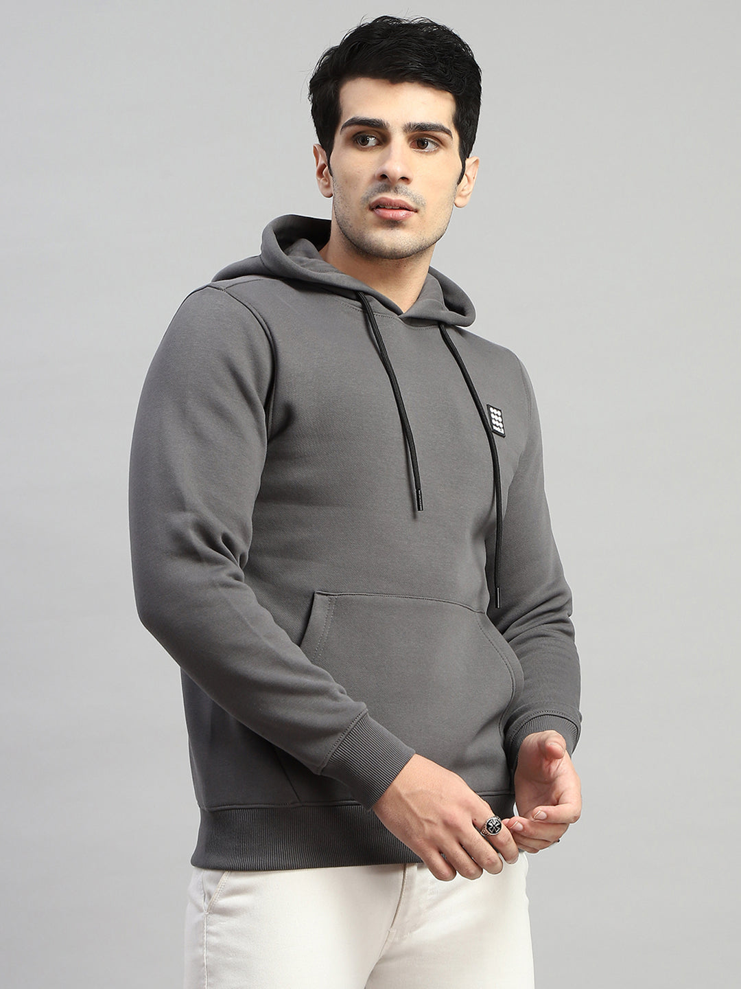 Rock.it Men Grey Solid Hooded Full Sleeve Sweatshirt