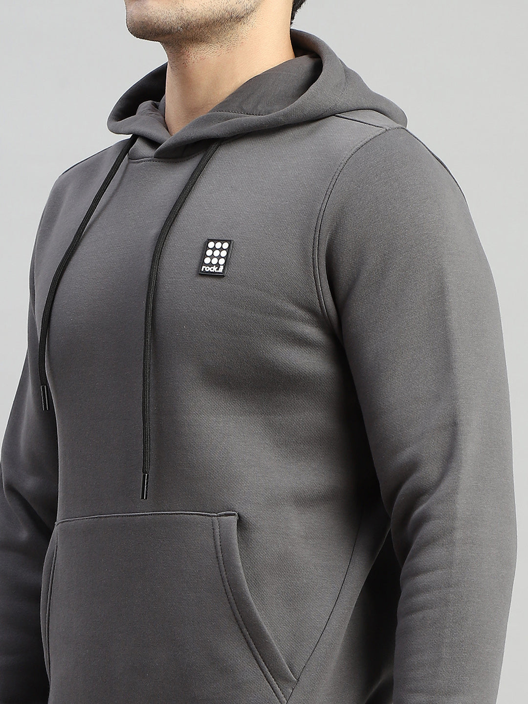 Rock.it Men Grey Solid Hooded Full Sleeve Sweatshirt