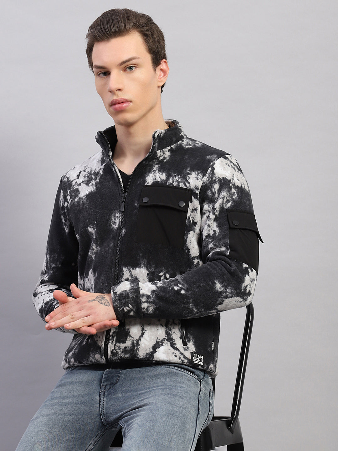 Rock.it Men Black Printed Mock Neck Full Sleeve Sweatshirt