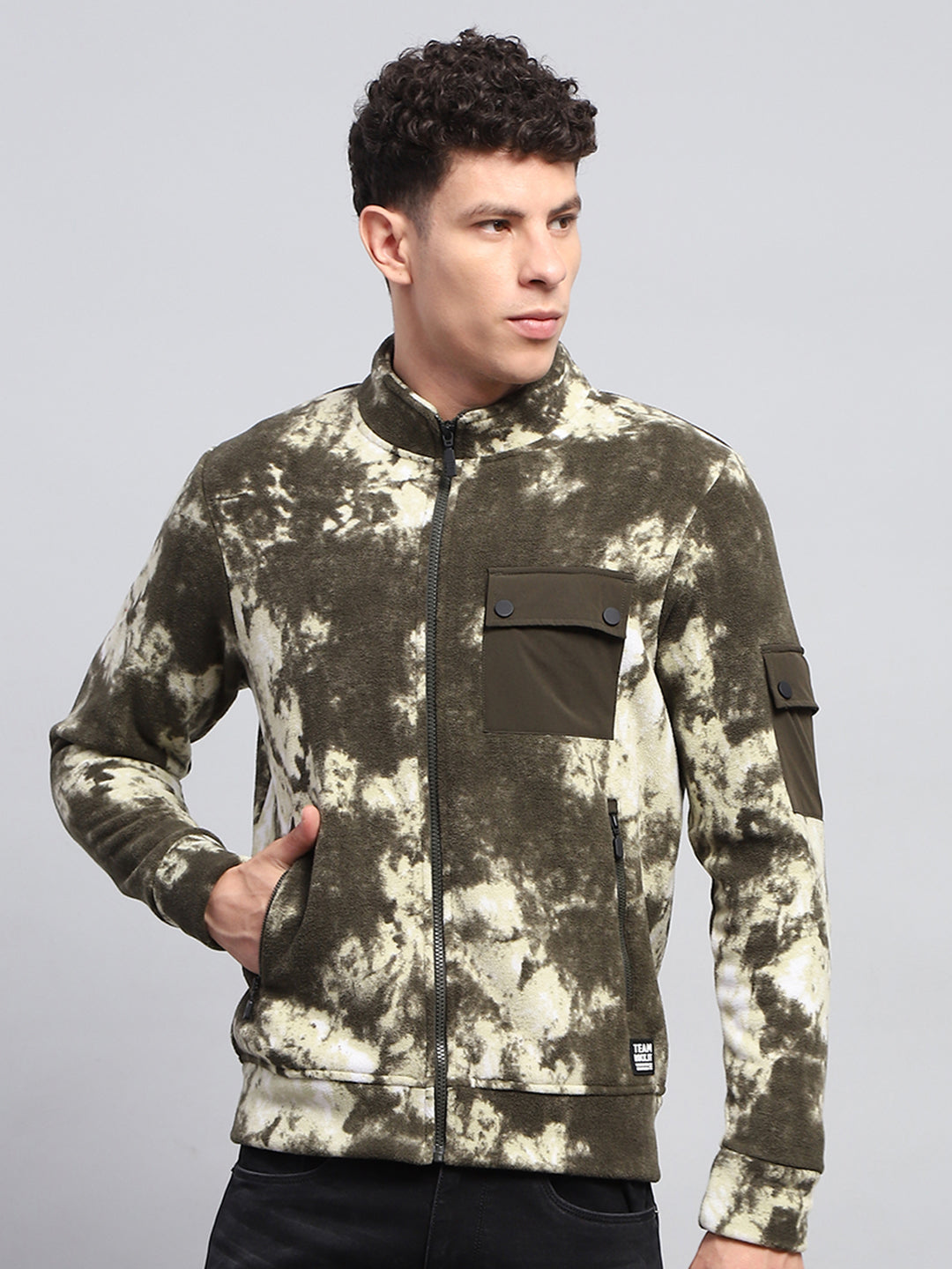 Rock.it Men Olive Printed Mock Neck Full Sleeve Sweatshirt