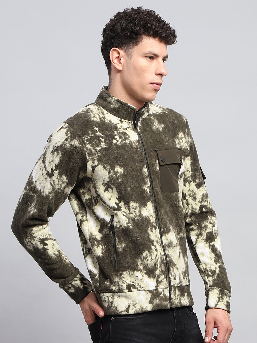 Rock.it Men Olive Printed Mock Neck Full Sleeve Sweatshirt