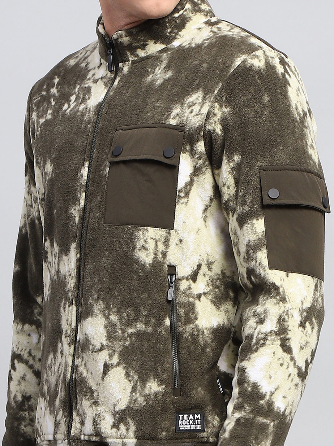 Rock.it Men Olive Printed Mock Neck Full Sleeve Sweatshirt