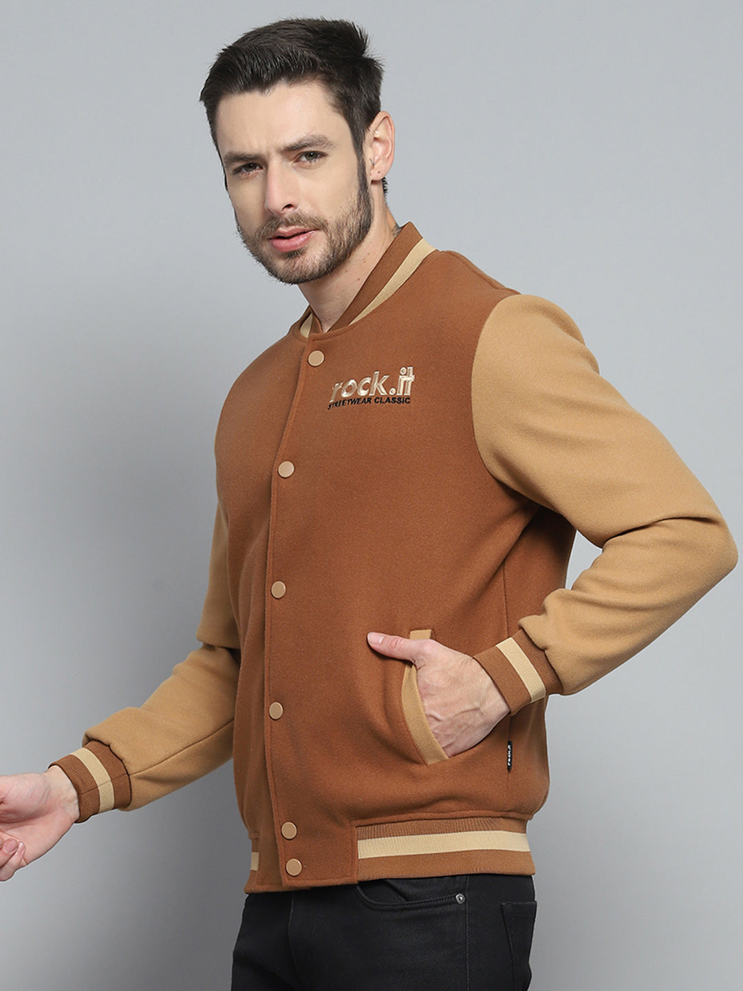 Rock.it Men Rust Printed Band Collar Full Sleeve Sweatshirt