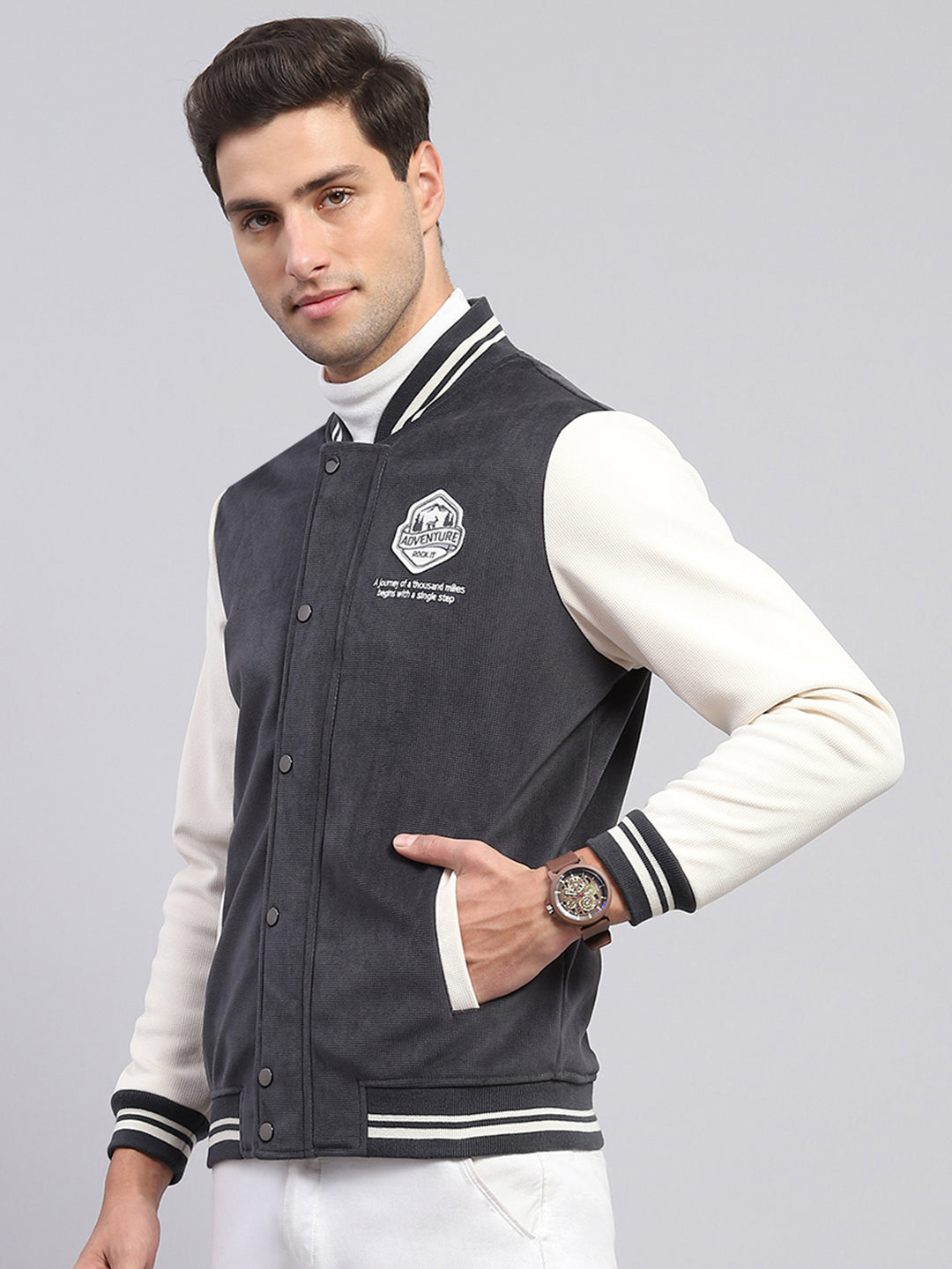 Rock.it Men Charcoal Self Design Band Collar Full Sleeve Sweatshirt