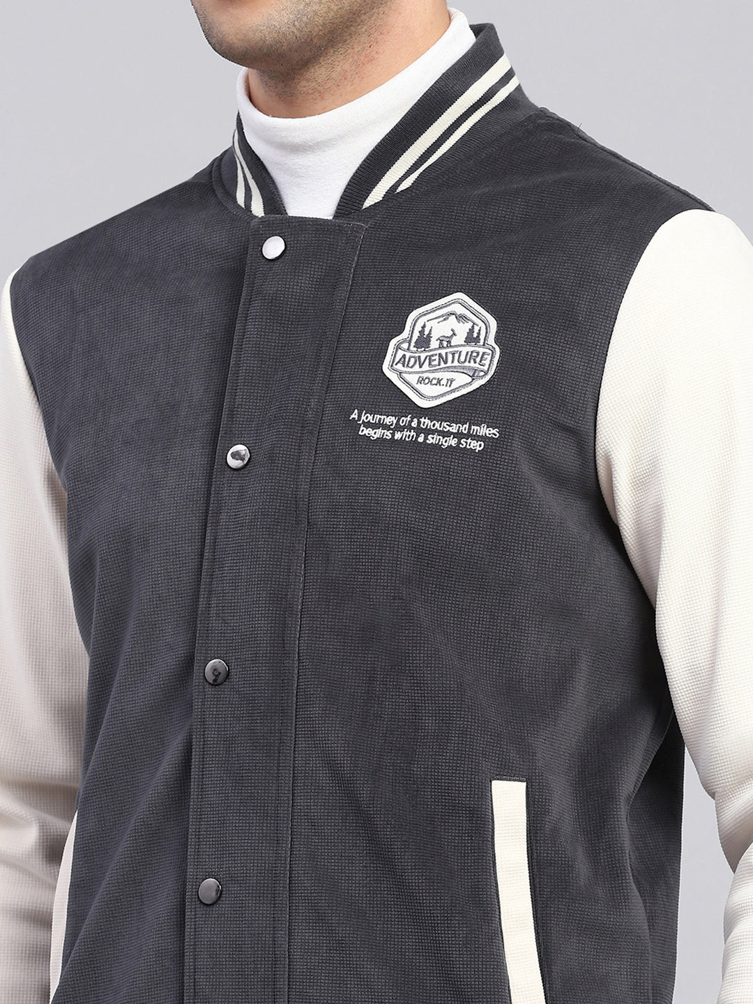 Rock.it Men Charcoal Self Design Band Collar Full Sleeve Sweatshirt