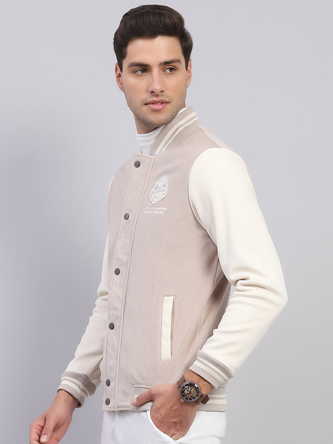 Rock.it Men Beige Printed Mock Neck Full Sleeve Sweatshirt