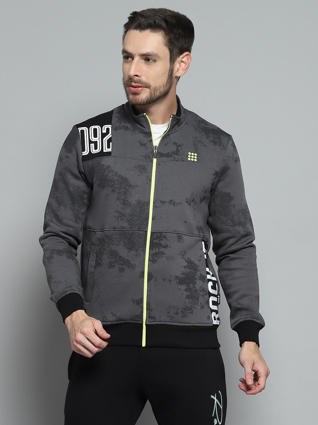 Rock.it Men Grey Printed Mock Neck Full Sleeve Sweatshirt