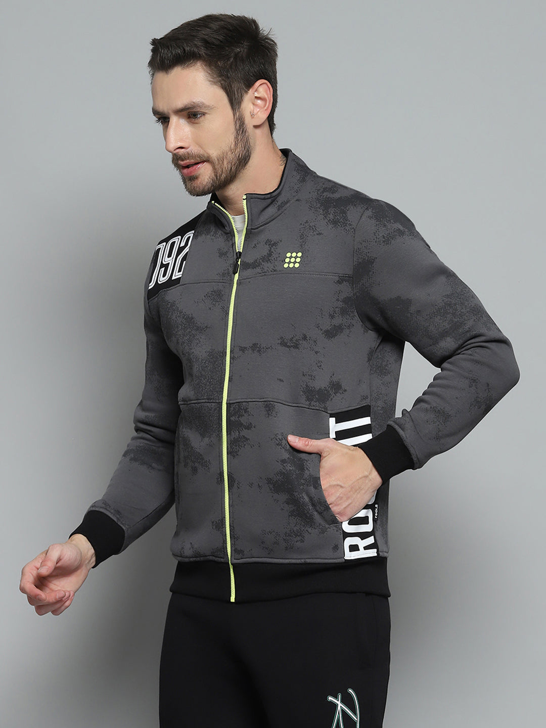 Rock.it Men Grey Printed Mock Neck Full Sleeve Sweatshirt