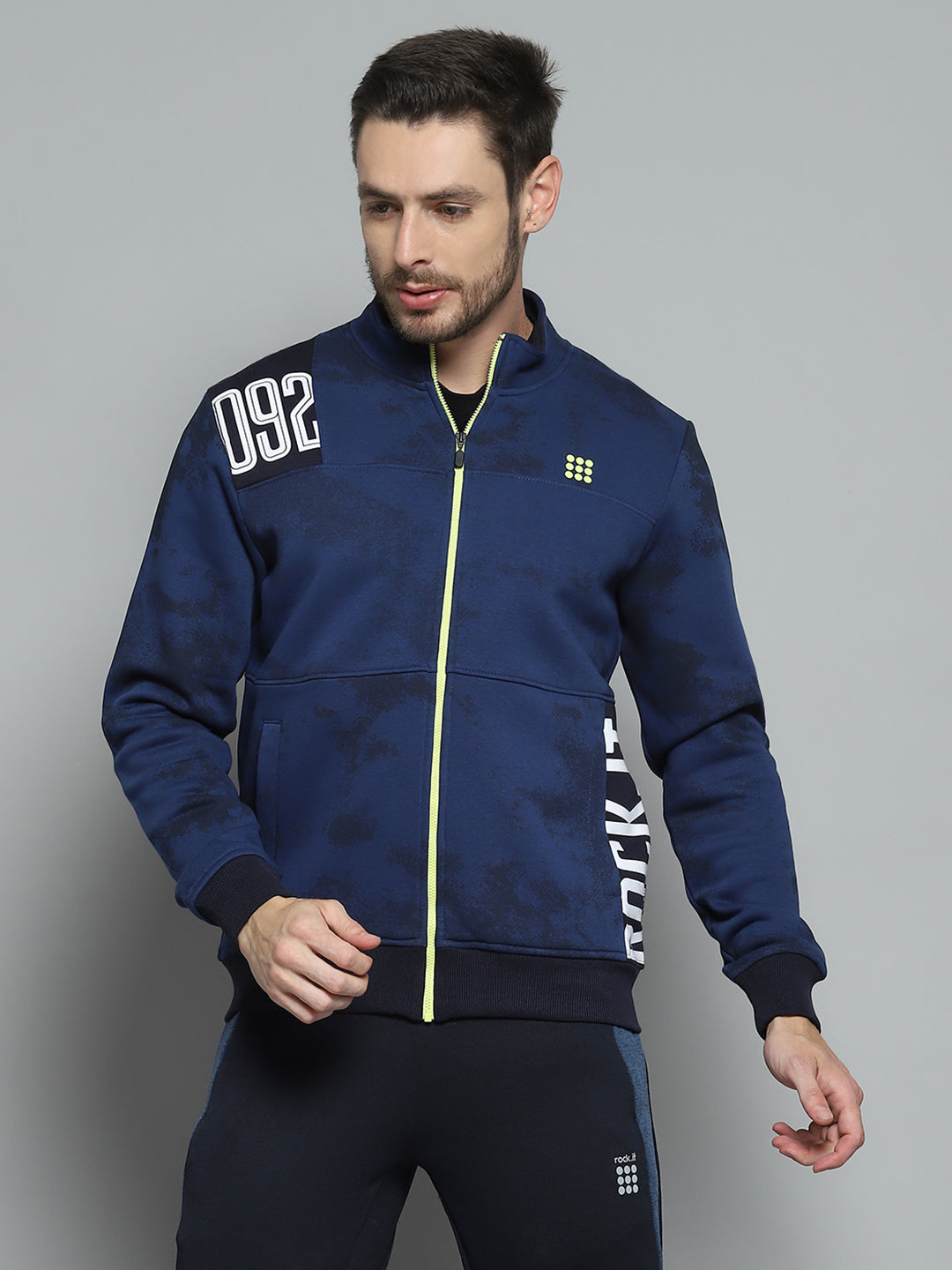 Rock.it Men Navy Blue Printed Mock Neck Full Sleeve Sweatshirt