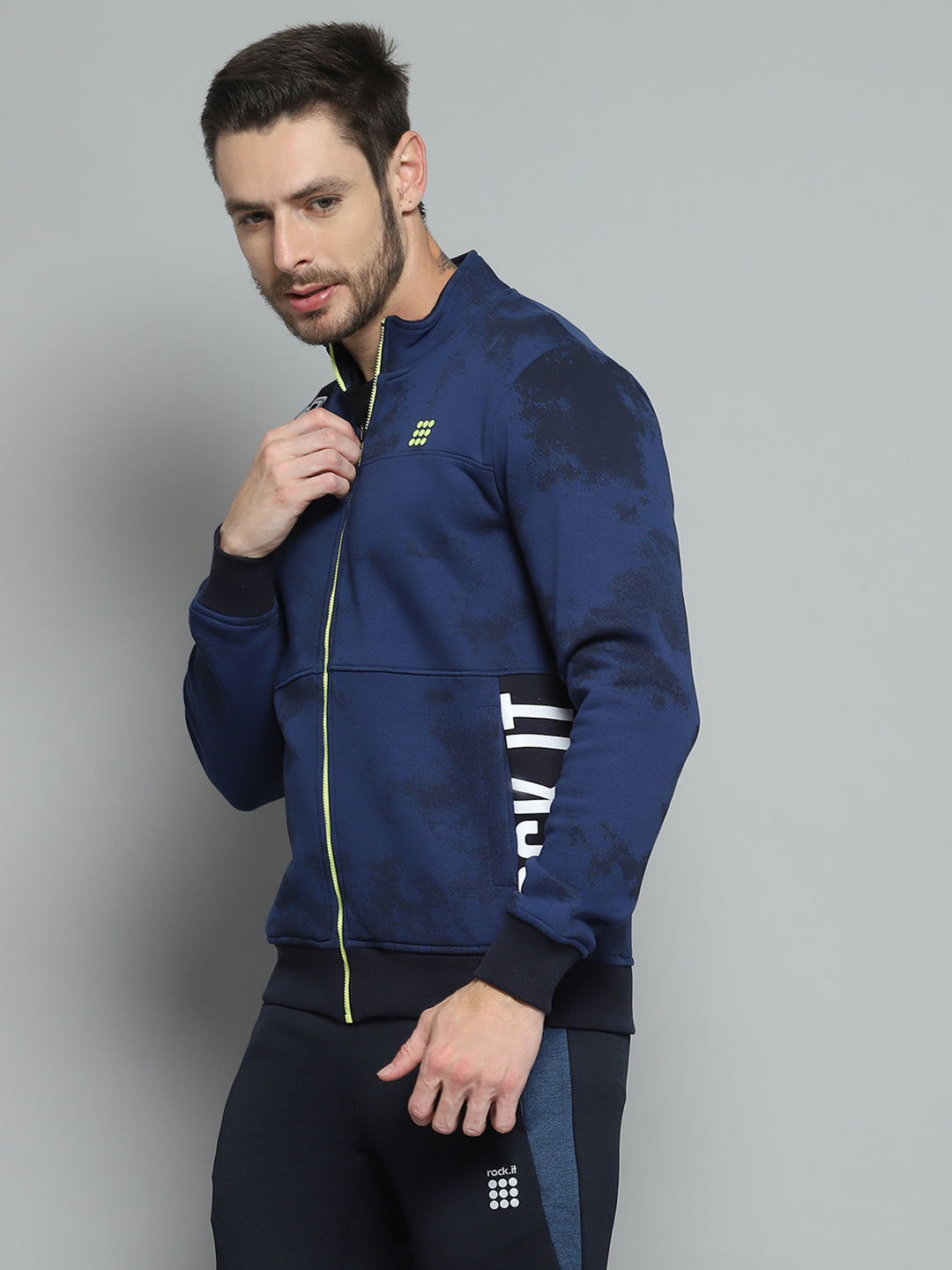 Rock.it Men Navy Blue Printed Mock Neck Full Sleeve Sweatshirt