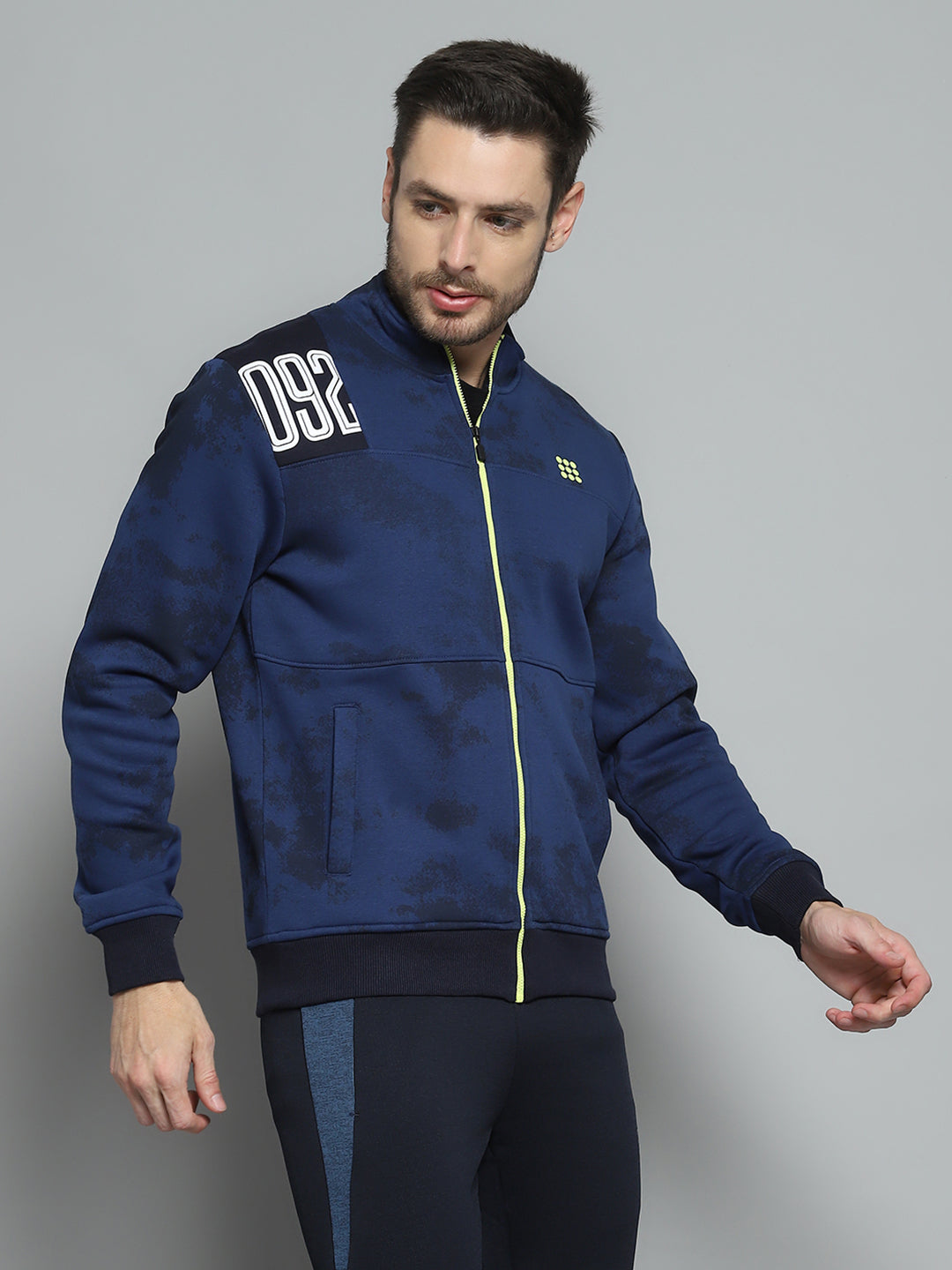 Rock.it Men Navy Blue Printed Mock Neck Full Sleeve Sweatshirt