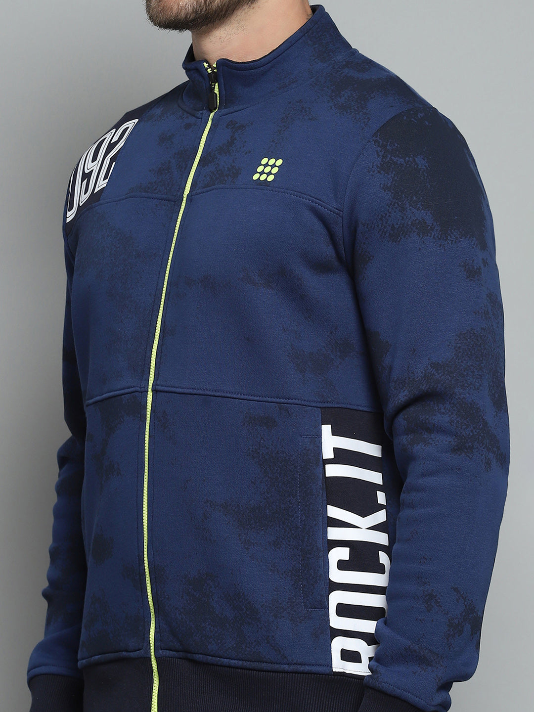 Rock.it Men Navy Blue Printed Mock Neck Full Sleeve Sweatshirt