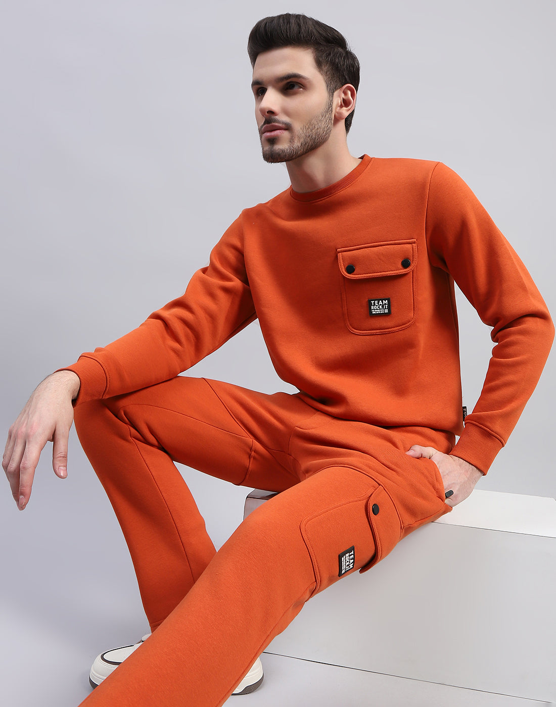 Rock.it Men Orange Solid Round Neck Full Sleeve Tracksuit