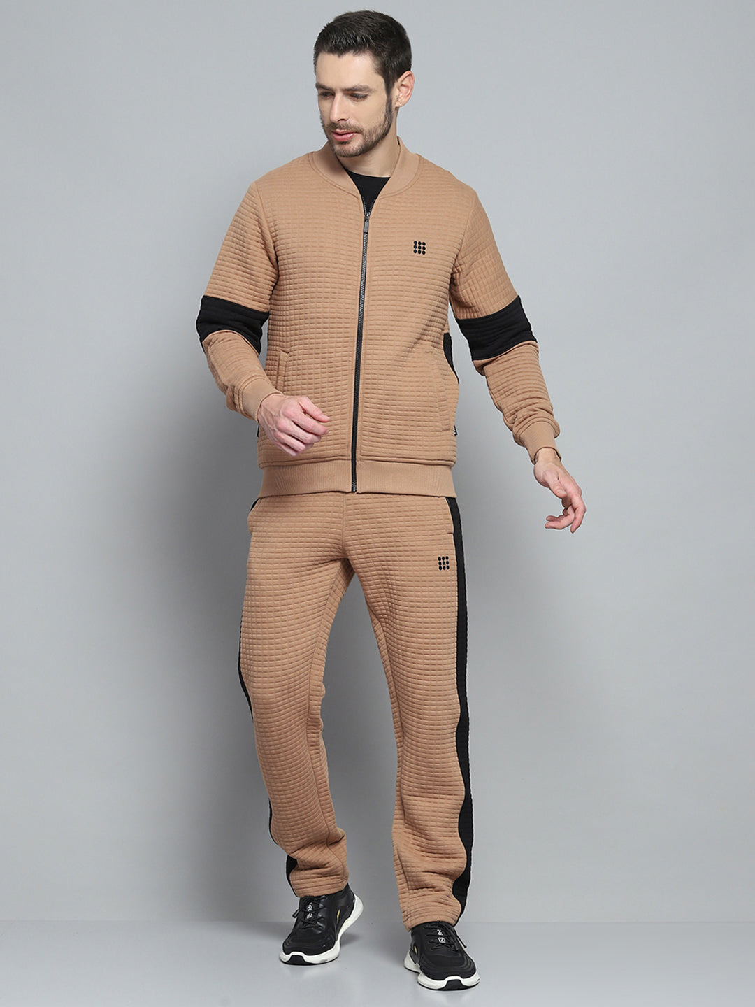 Rock.it Men Khaki Printed Round Neck Full Sleeve Winter Tracksuit