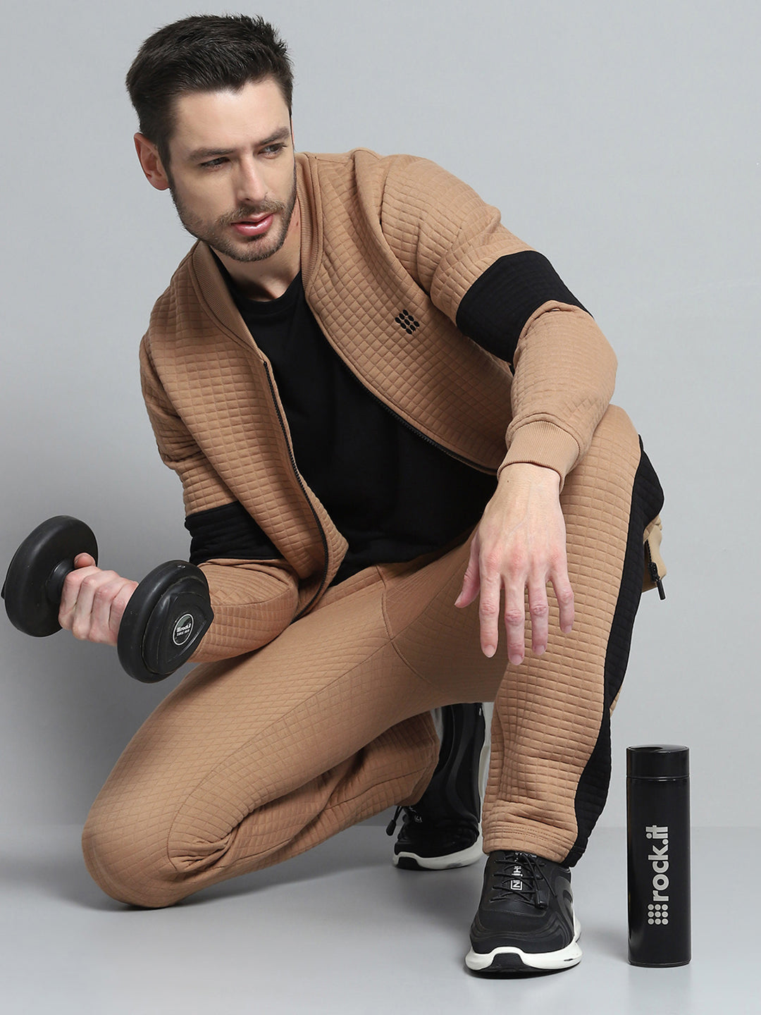 Rock.it Men Khaki Printed Round Neck Full Sleeve Winter Tracksuit