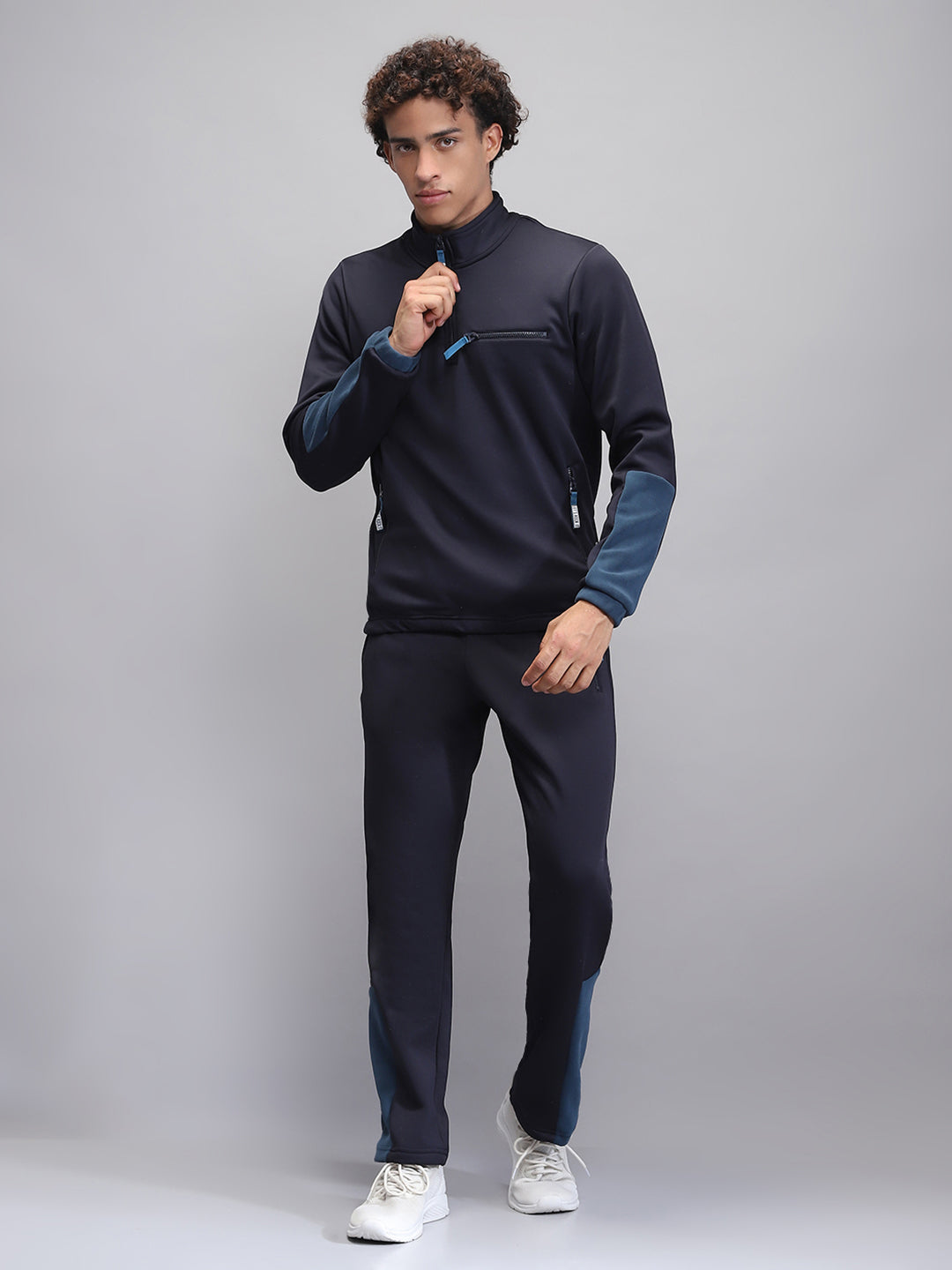 Rock.it Men Navy Blue Solid Mock Neck Full Sleeve Winter Tracksuit