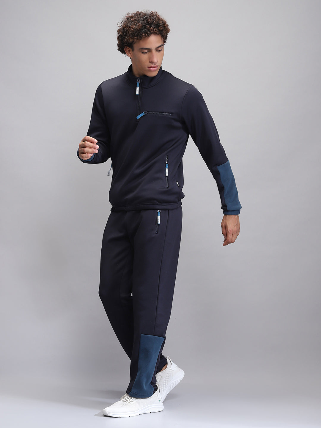 Rock.it Men Navy Blue Solid Mock Neck Full Sleeve Winter Tracksuit