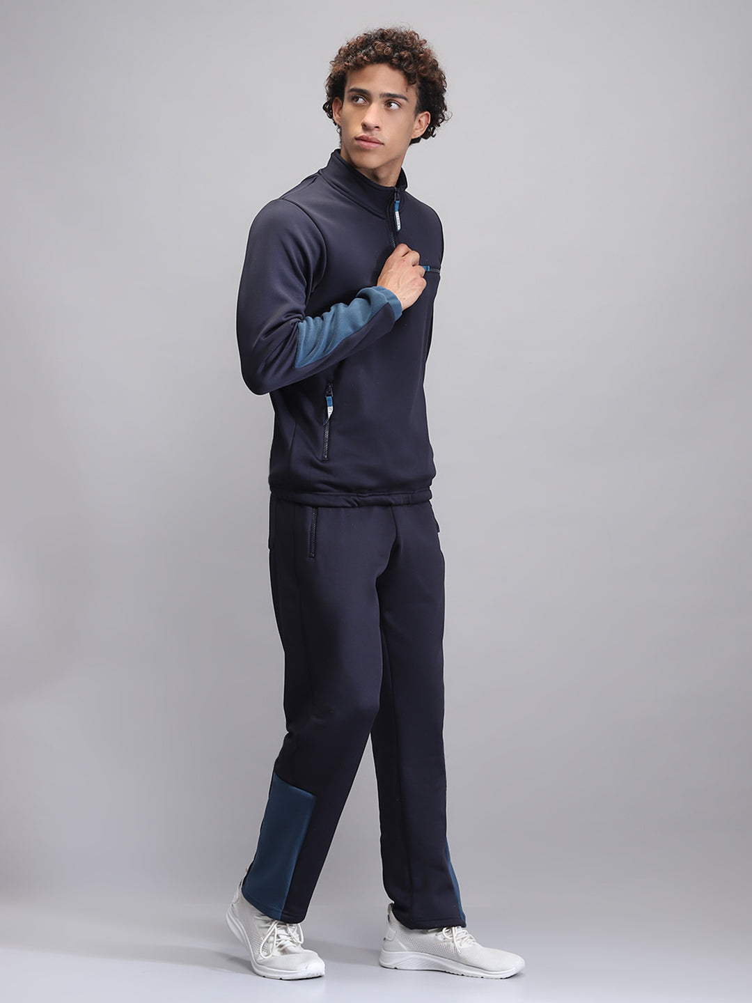 Rock.it Men Navy Blue Solid Mock Neck Full Sleeve Winter Tracksuit