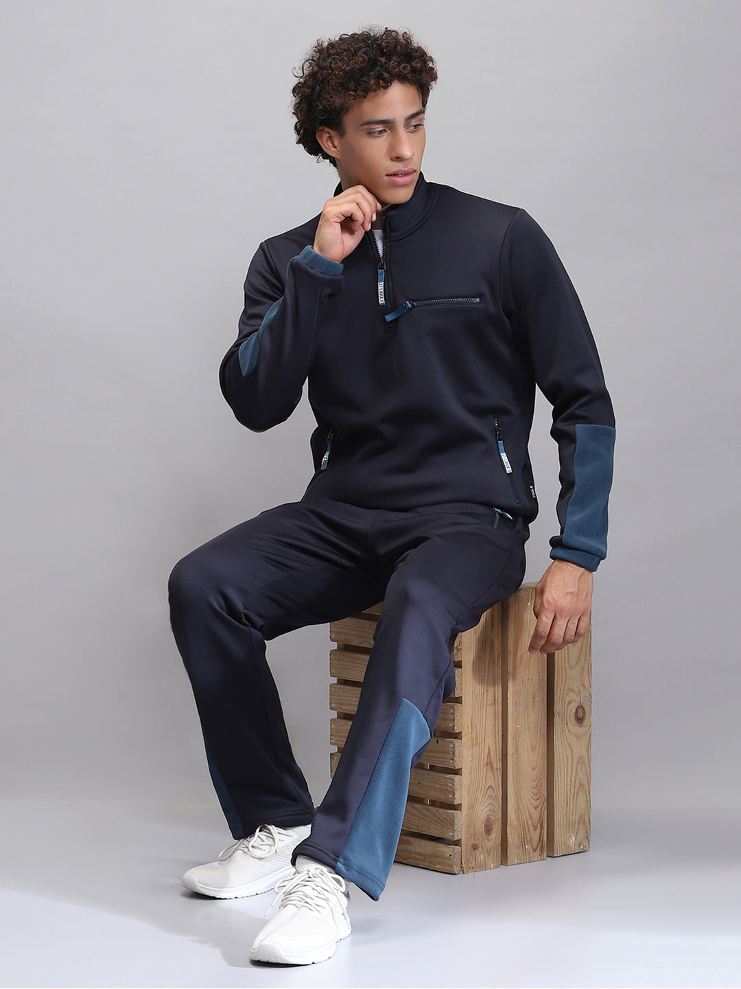 Rock.it Men Navy Blue Solid Mock Neck Full Sleeve Winter Tracksuit