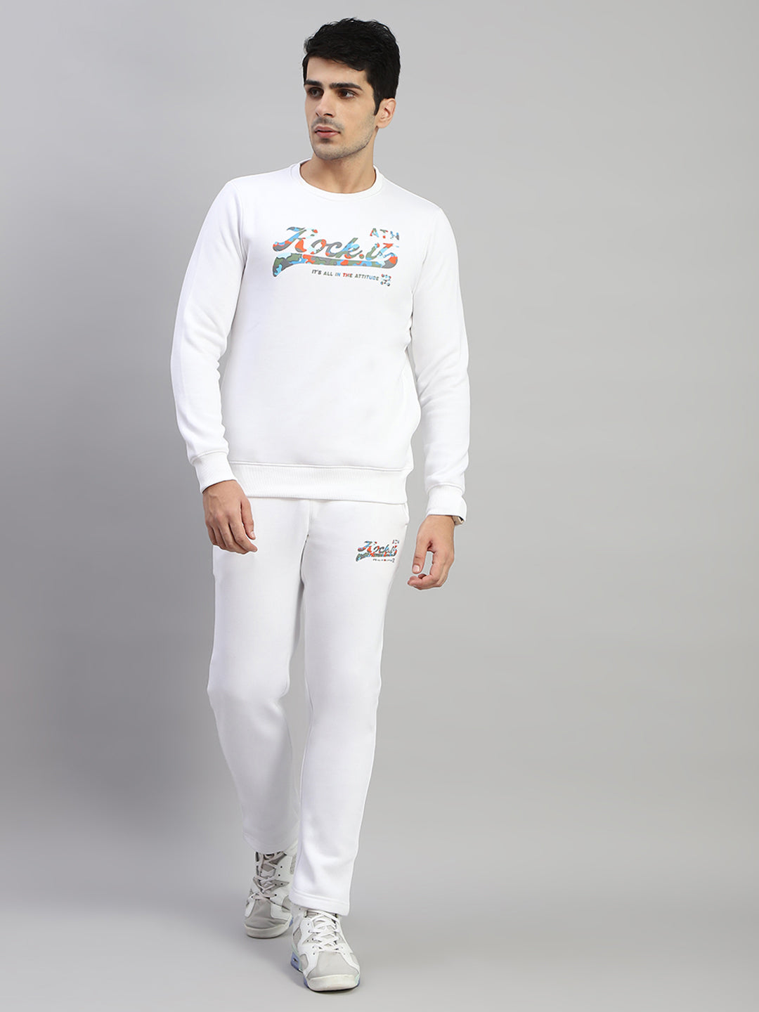 Rock.it Men White Printed Round Neck Full Sleeve Winter Tracksuit