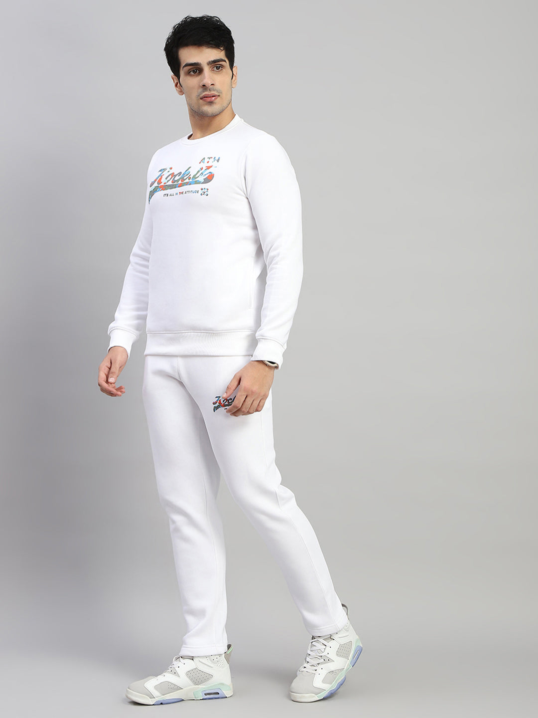 Rock.it Men White Printed Round Neck Full Sleeve Winter Tracksuit