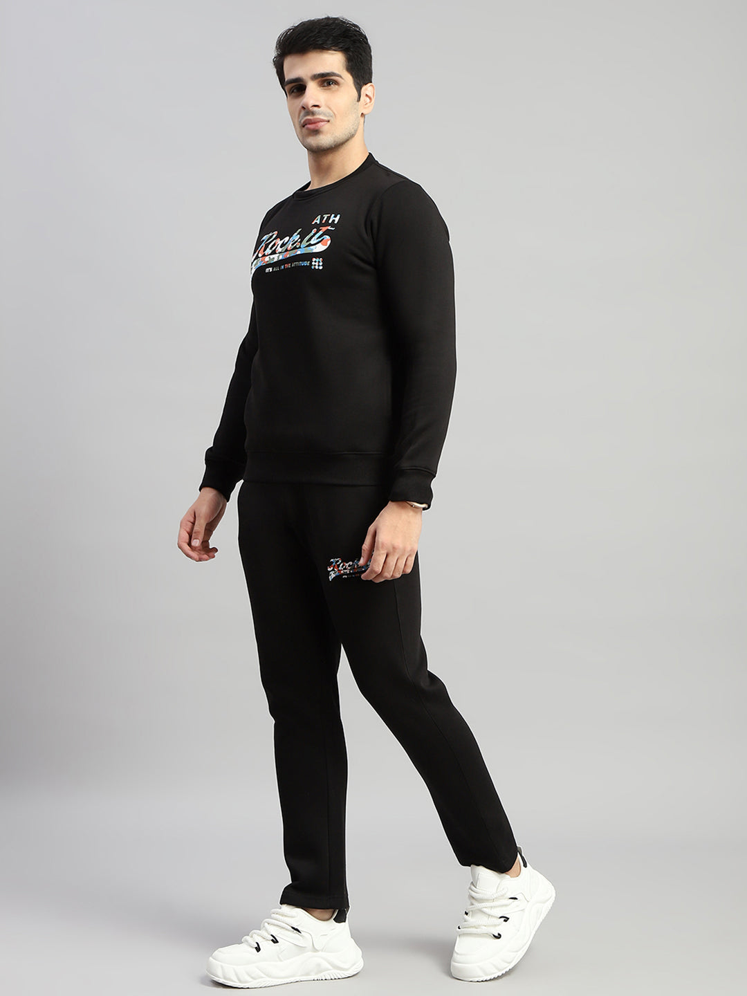 Rock.it Men Black Printed Round Neck Full Sleeve Winter Tracksuit