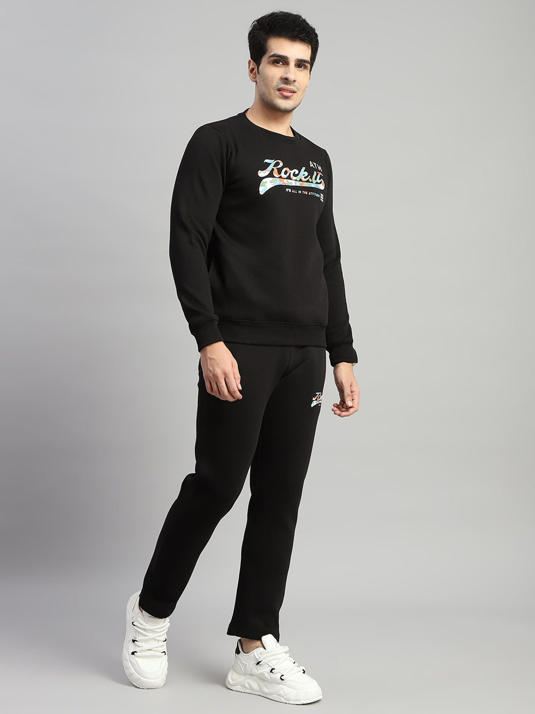 Rock.it Men Black Printed Round Neck Full Sleeve Winter Tracksuit