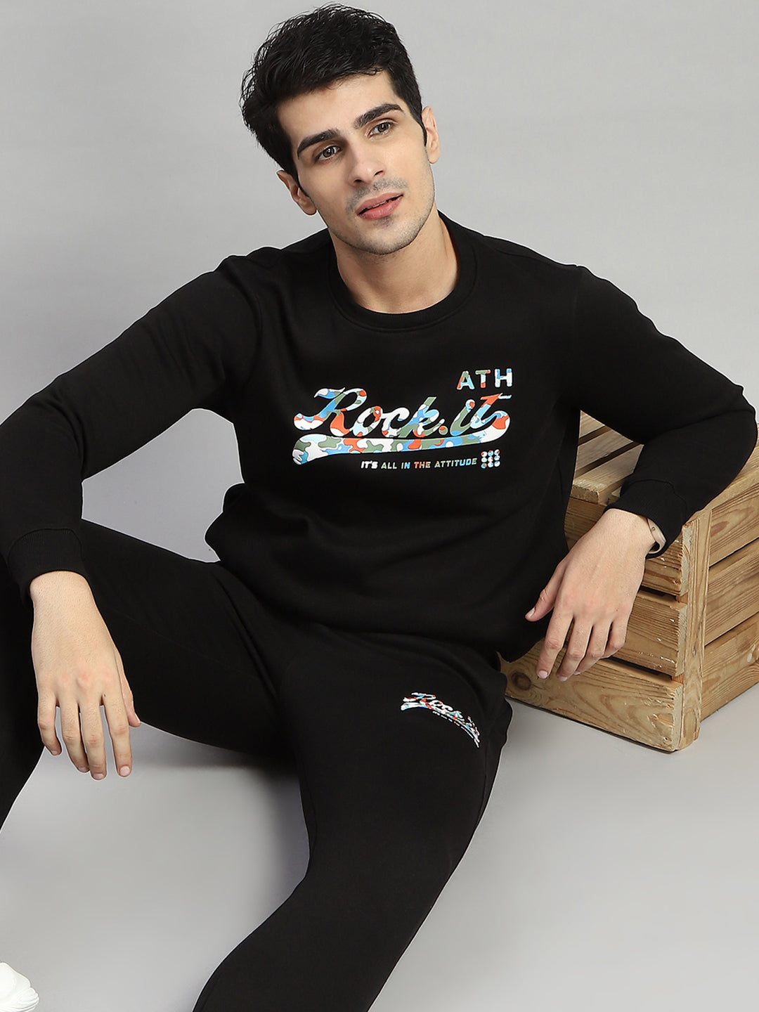 Rock.it Men Black Printed Round Neck Full Sleeve Winter Tracksuit