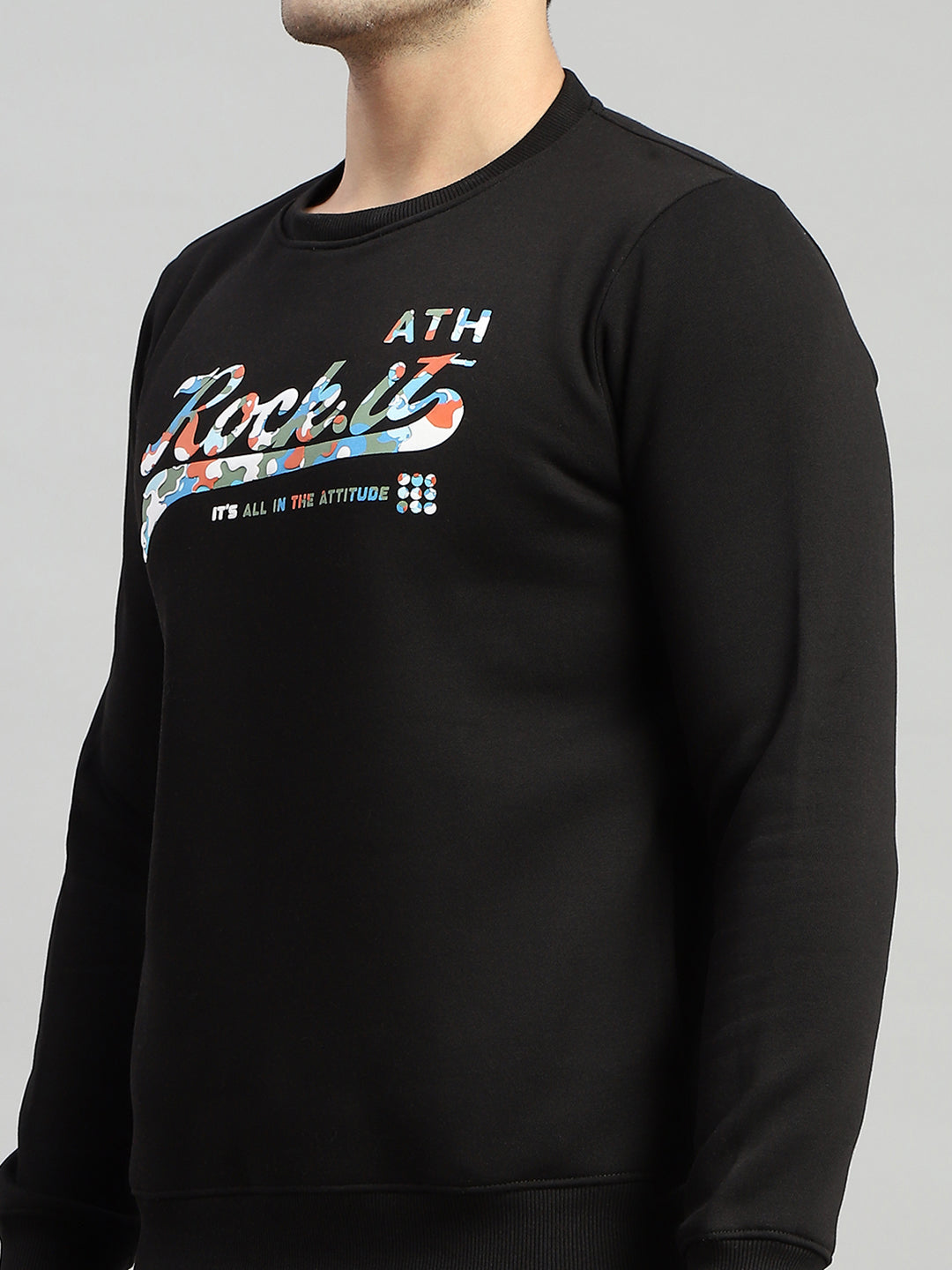 Rock.it Men Black Printed Round Neck Full Sleeve Winter Tracksuit