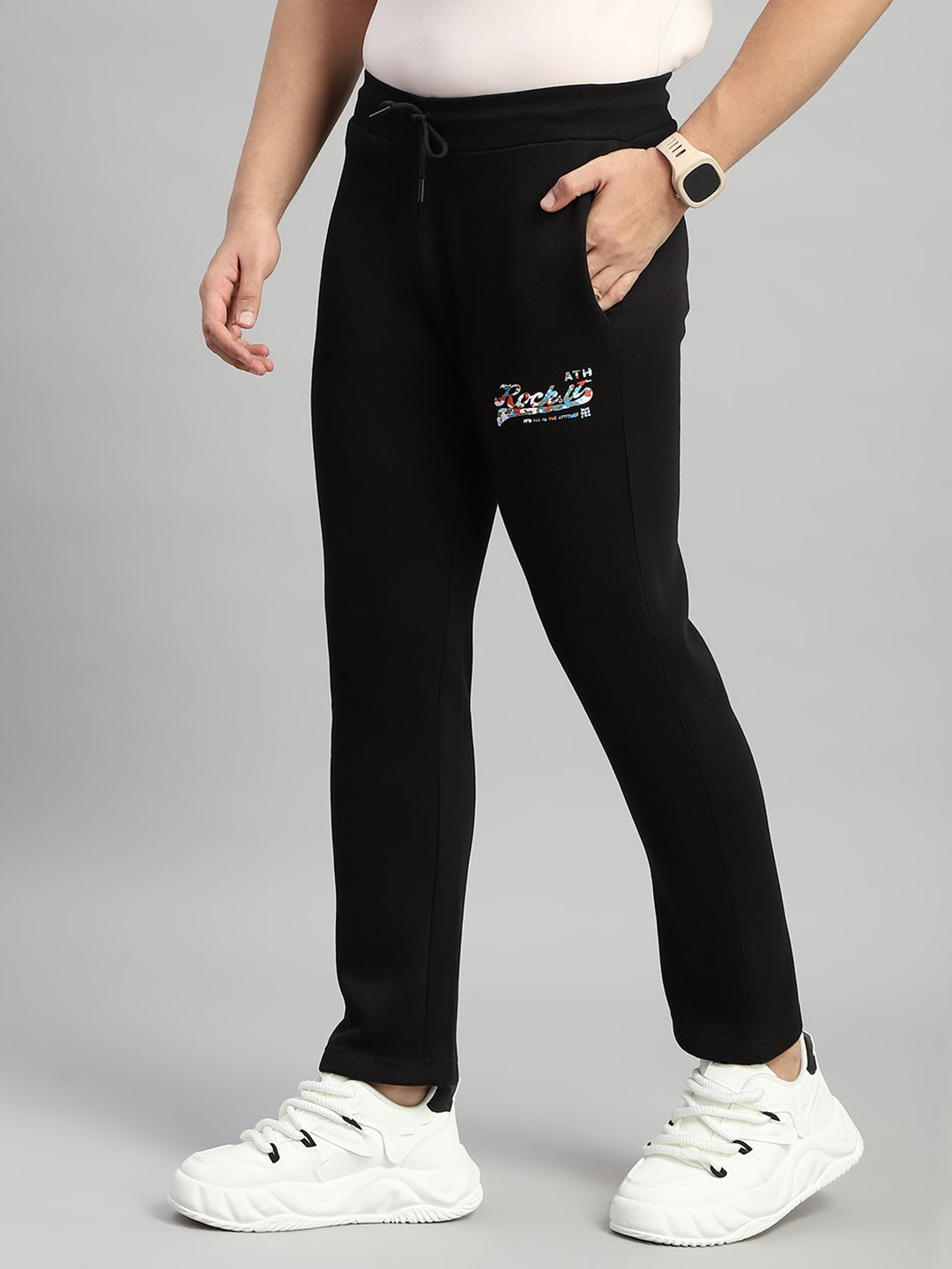 Rock.it Men Black Printed Round Neck Full Sleeve Winter Tracksuit