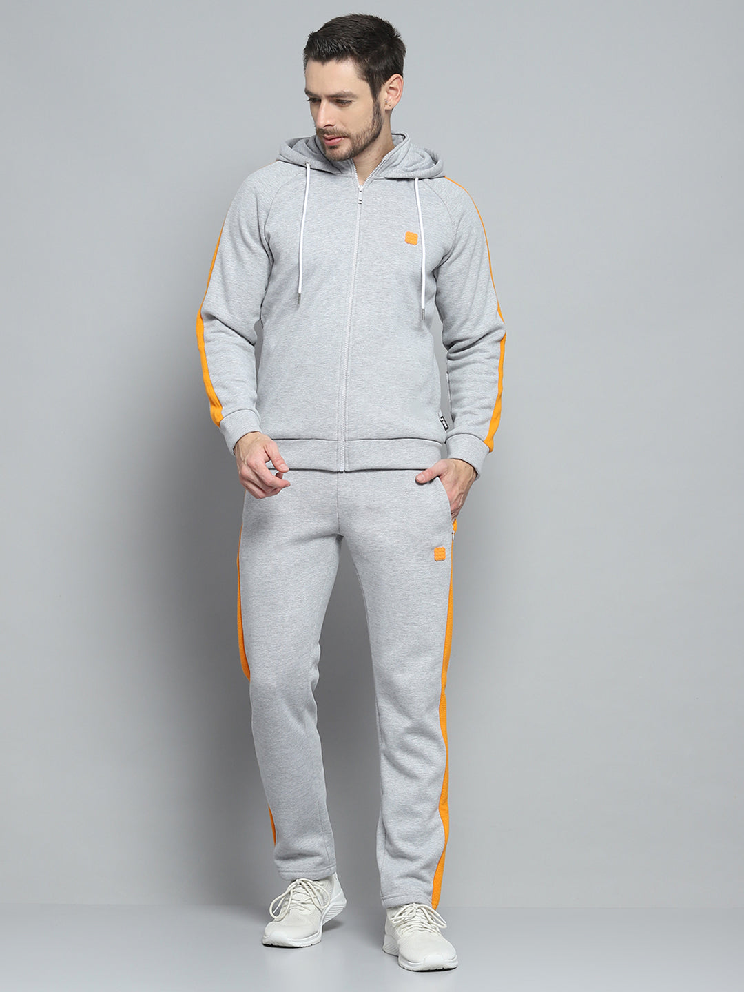 Buy Men Grey Solid Hooded Full Sleeve Winter Tracksuit Online in