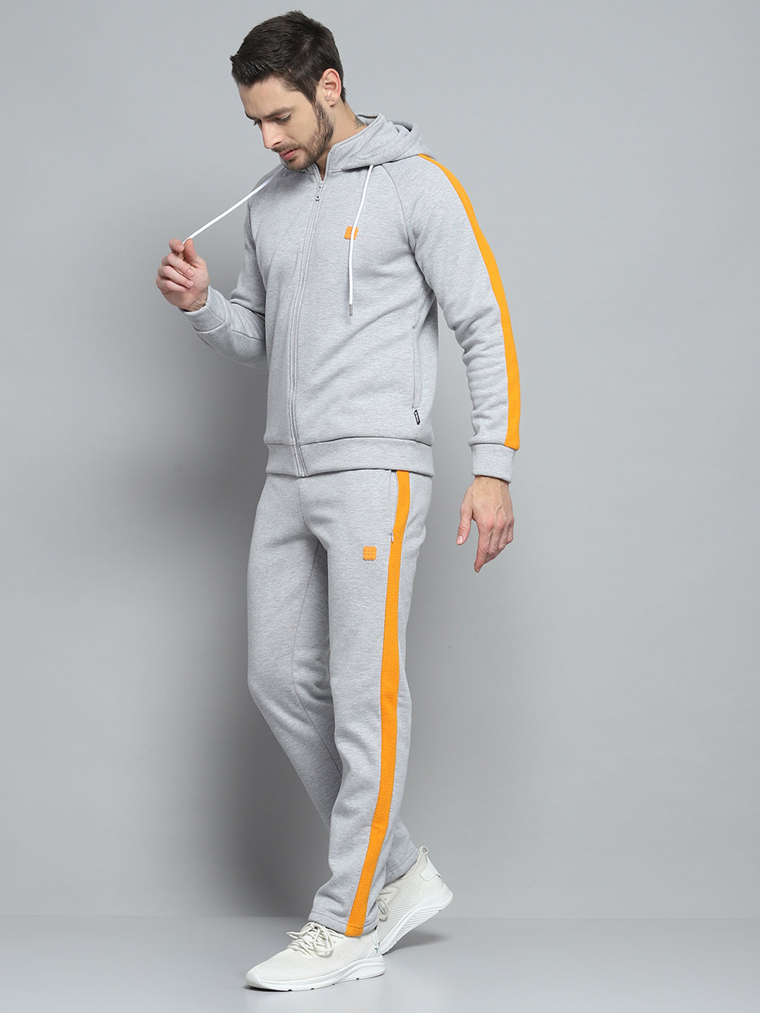 Rock.it Men Grey Solid Hooded Full Sleeve Winter Tracksuit