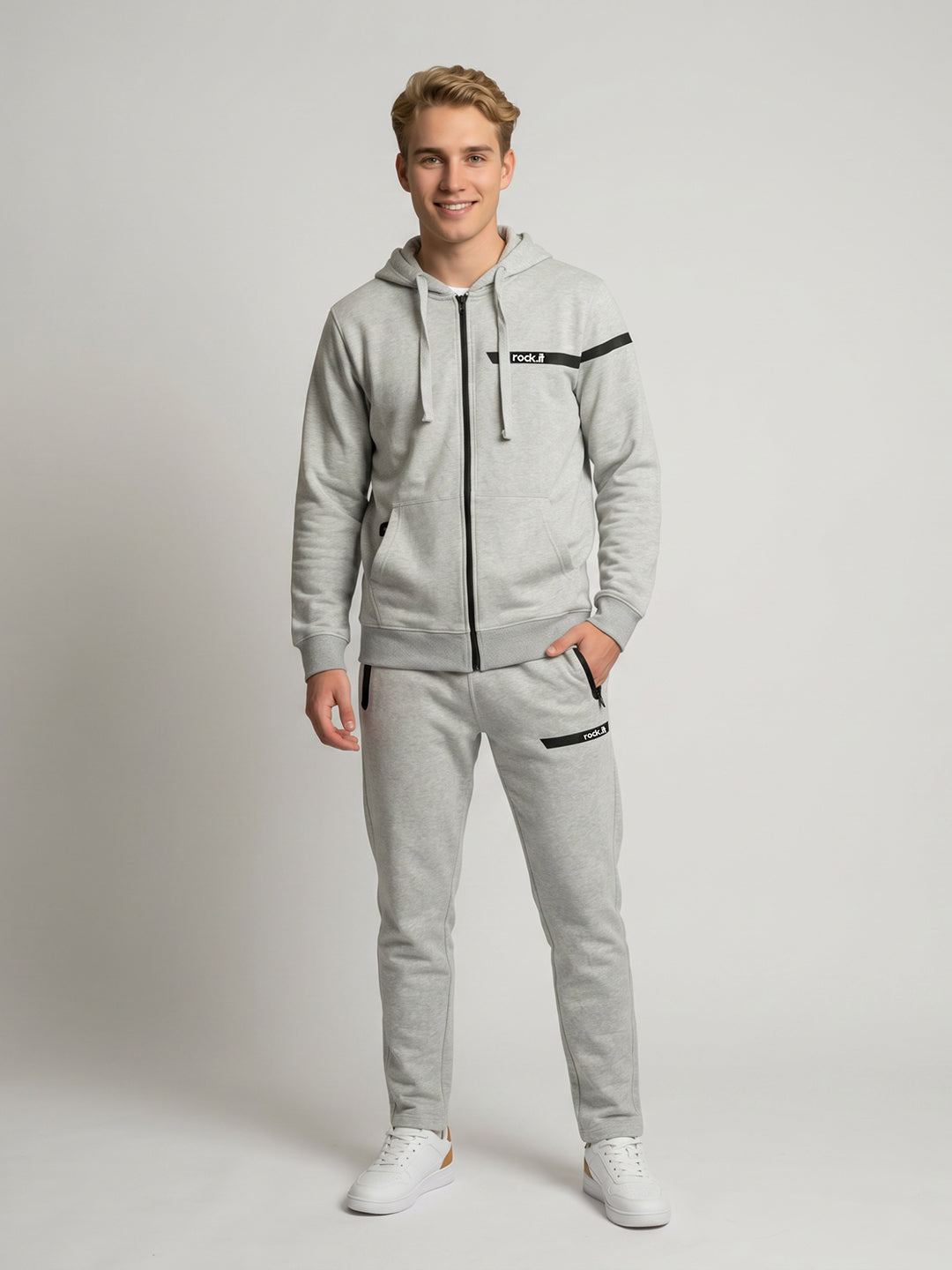 Rock.it Men Grey Solid Round Neck Full Sleeve Winter Tracksuit
