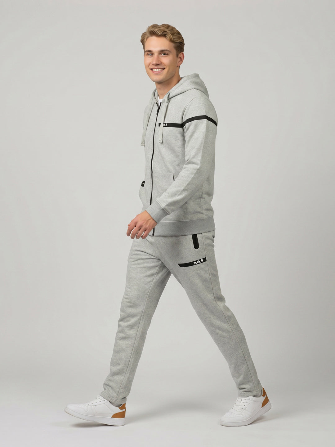 Rock.it Men Grey Solid Round Neck Full Sleeve Winter Tracksuit