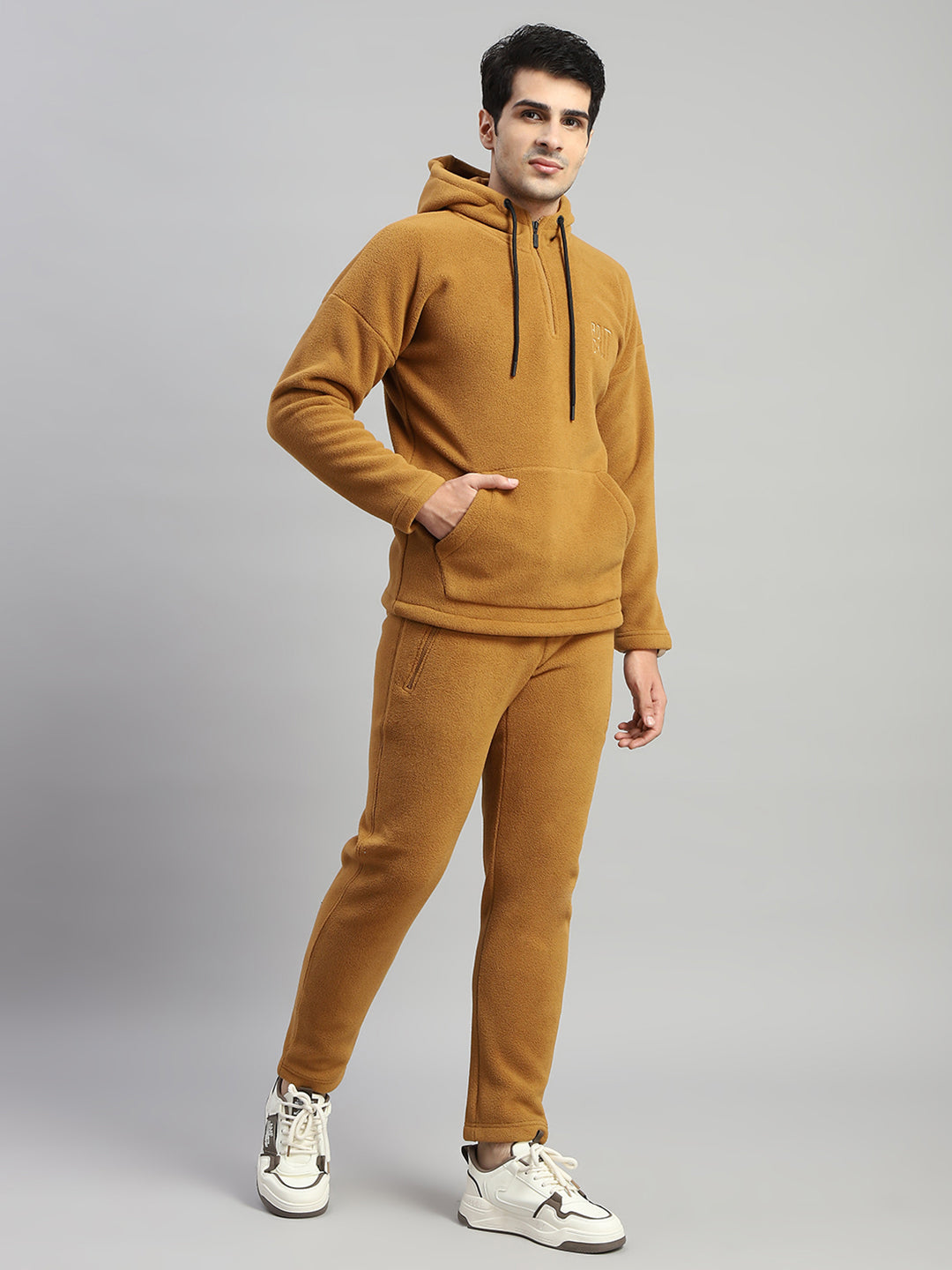 Rock.it Men Brown Solid Hooded Full Sleeve Winter Tracksuit