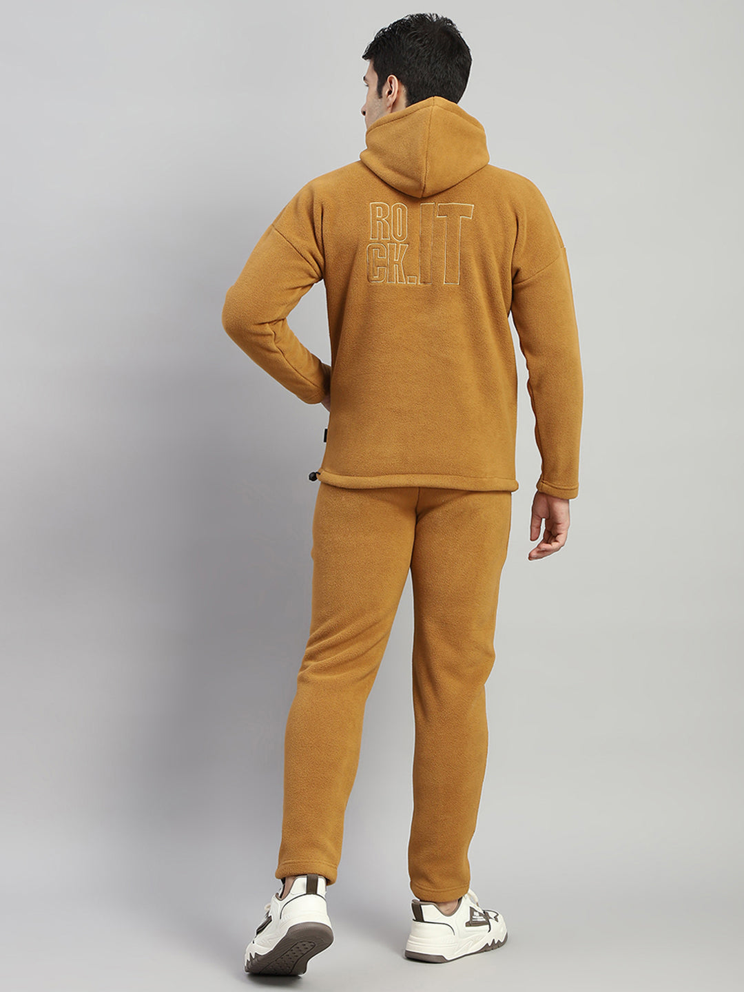 Rock.it Men Brown Solid Hooded Full Sleeve Winter Tracksuit