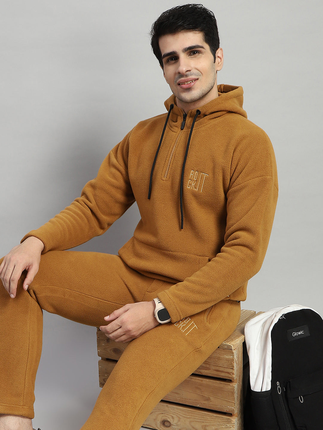 Rock.it Men Brown Solid Hooded Full Sleeve Winter Tracksuit