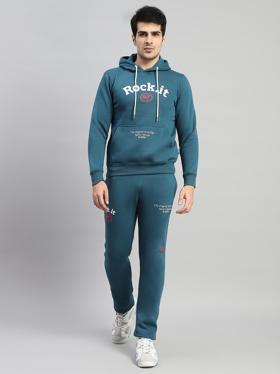 Rock.it Men Blue Printed Hooded Full Sleeve Winter Tracksuit