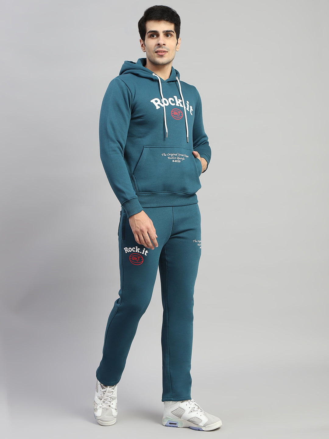 Rock.it Men Blue Printed Hooded Full Sleeve Winter Tracksuit