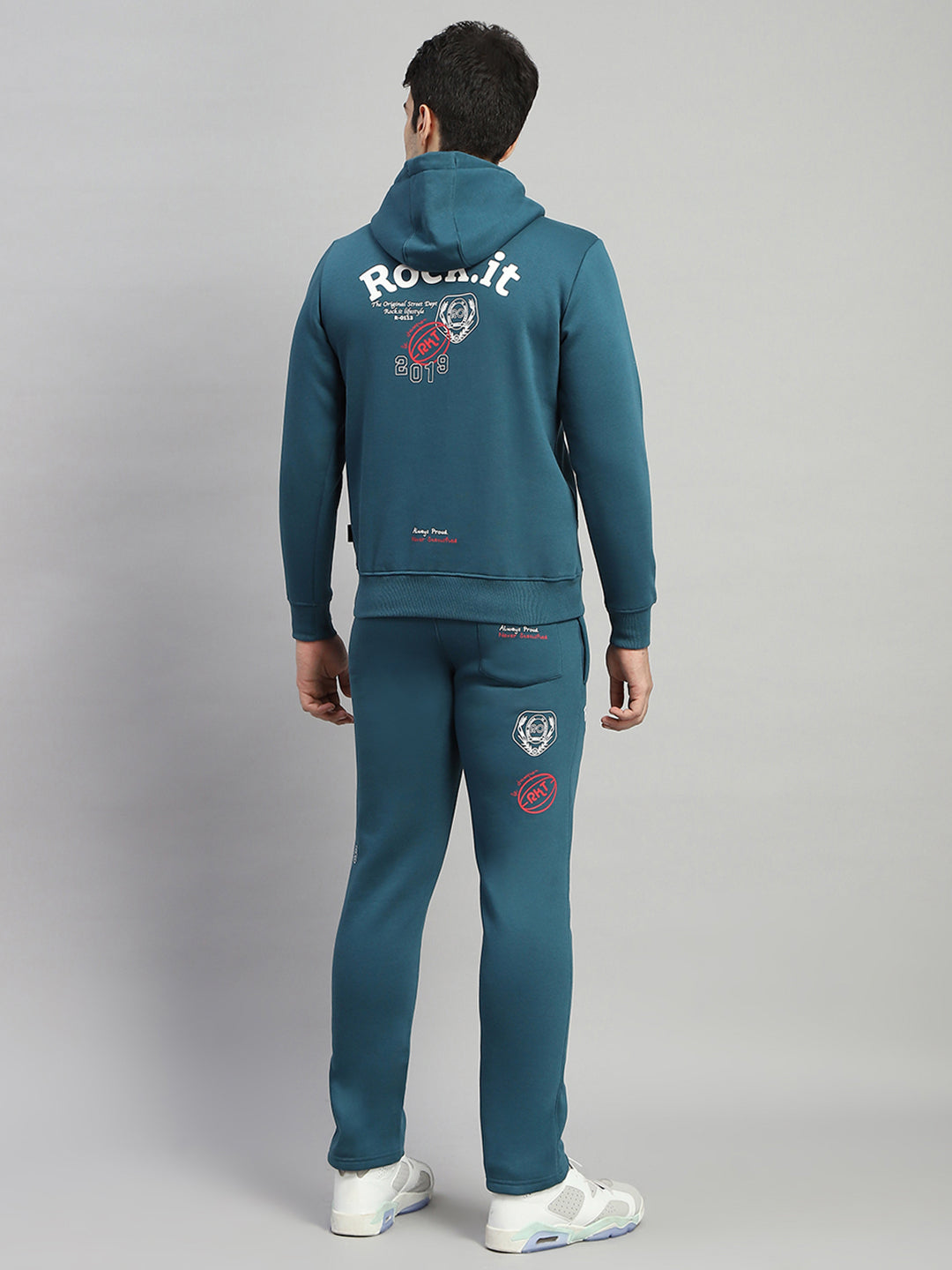 Rock.it Men Blue Printed Hooded Full Sleeve Winter Tracksuit