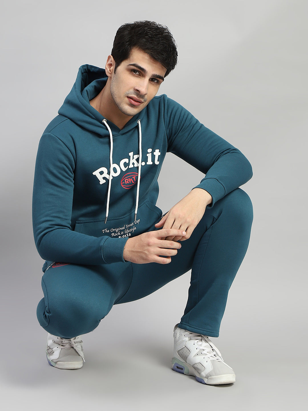 Rock.it Men Blue Printed Hooded Full Sleeve Winter Tracksuit
