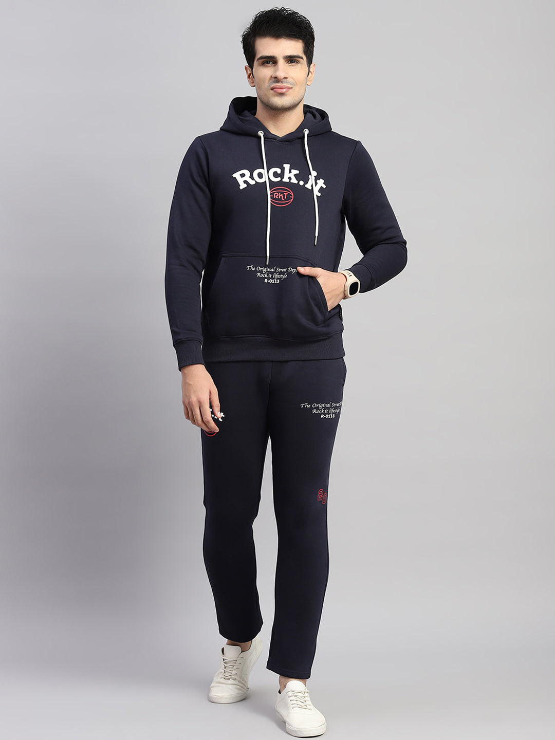 Rock.it Men Navy Blue Printed Hooded Full Sleeve Winter Tracksuit