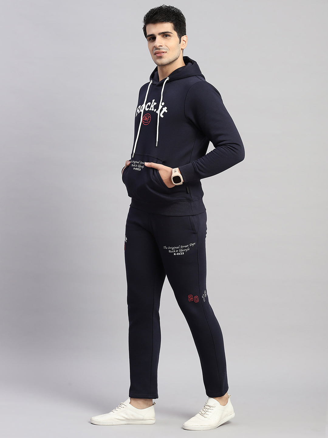 Rock.it Men Navy Blue Printed Hooded Full Sleeve Winter Tracksuit