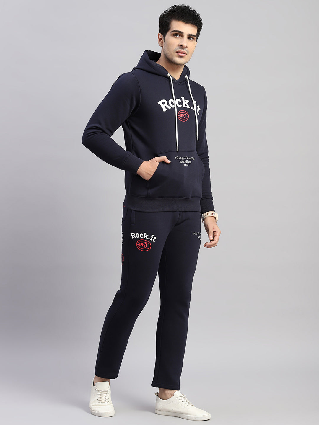 Rock.it Men Navy Blue Printed Hooded Full Sleeve Winter Tracksuit