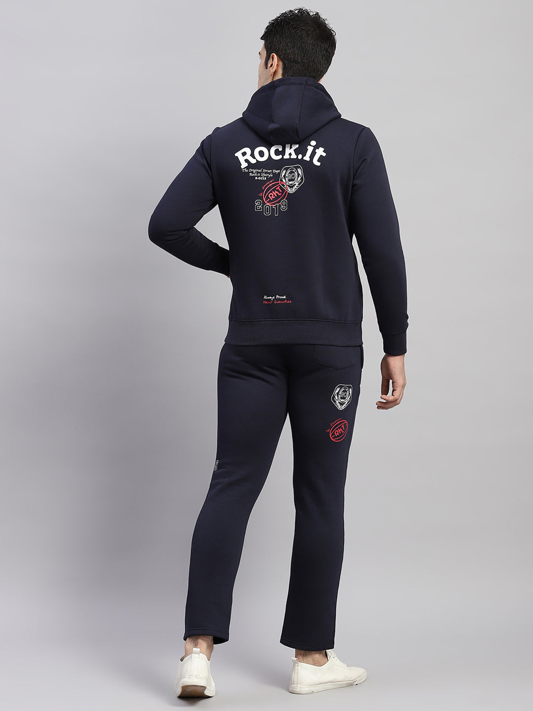Rock.it Men Navy Blue Printed Hooded Full Sleeve Winter Tracksuit